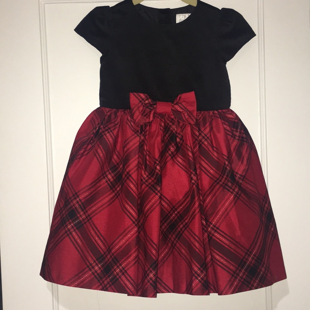 Girls red plaid and black velvet dress